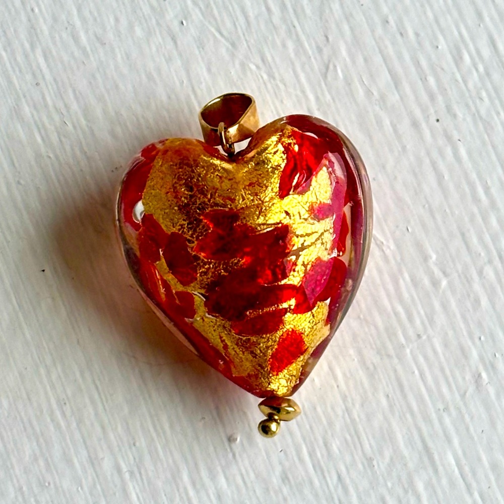 Gold & Red Swirled 14k Murano Glass Heart Charm